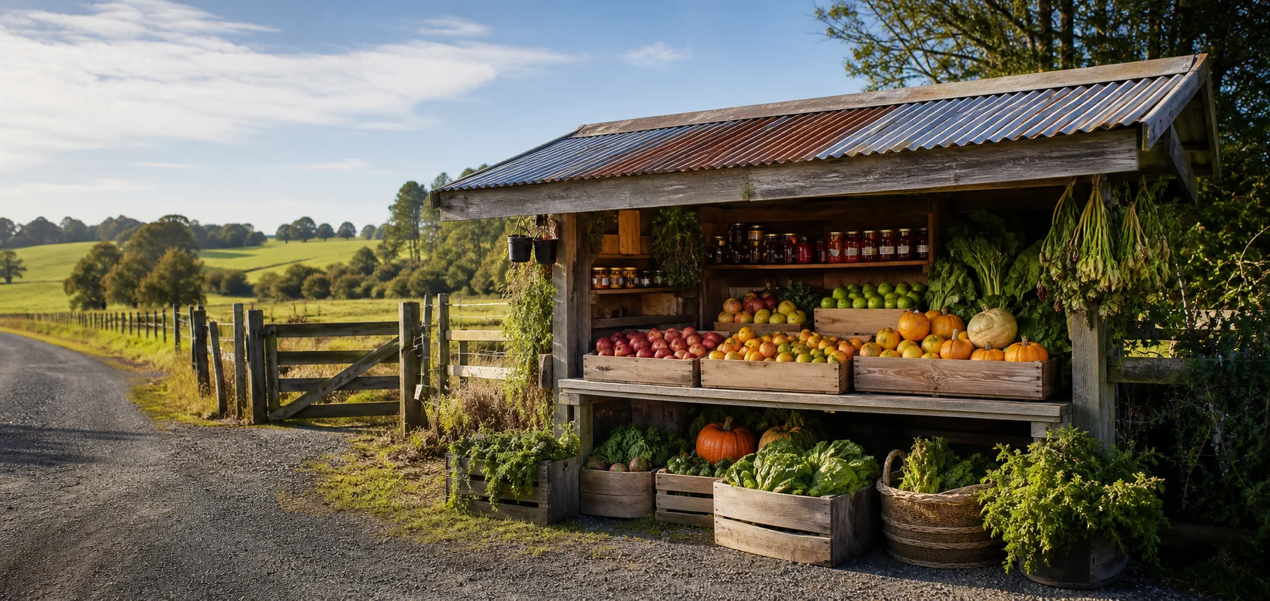 A farm-gate produce stall beside a New Zealand country road