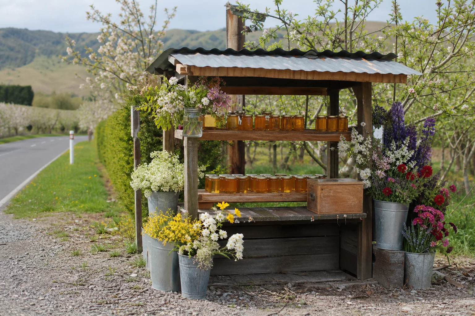 A roadside stall selling flowers and local honey