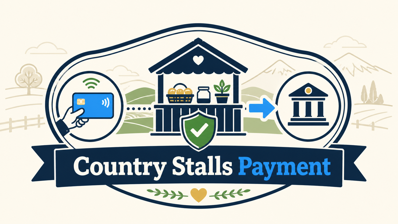 Country Stalls Payment badge showing secure card checkout and a seller bank payout