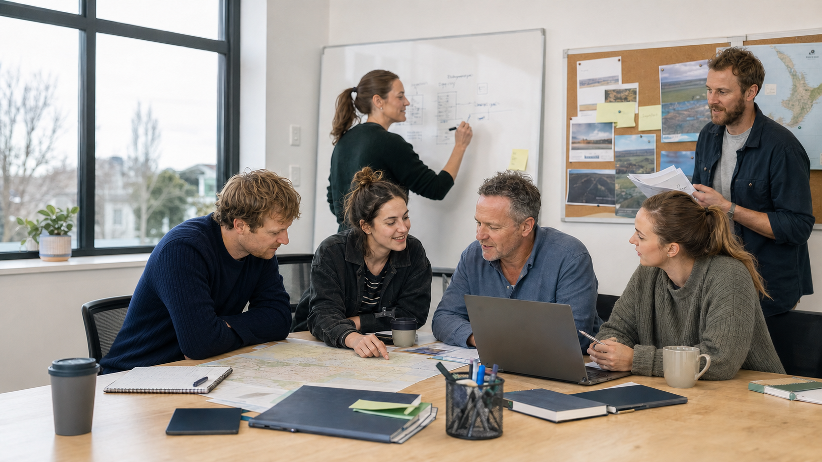 Editorial image of six Country Stalls colleagues collaborating in a Christchurch office