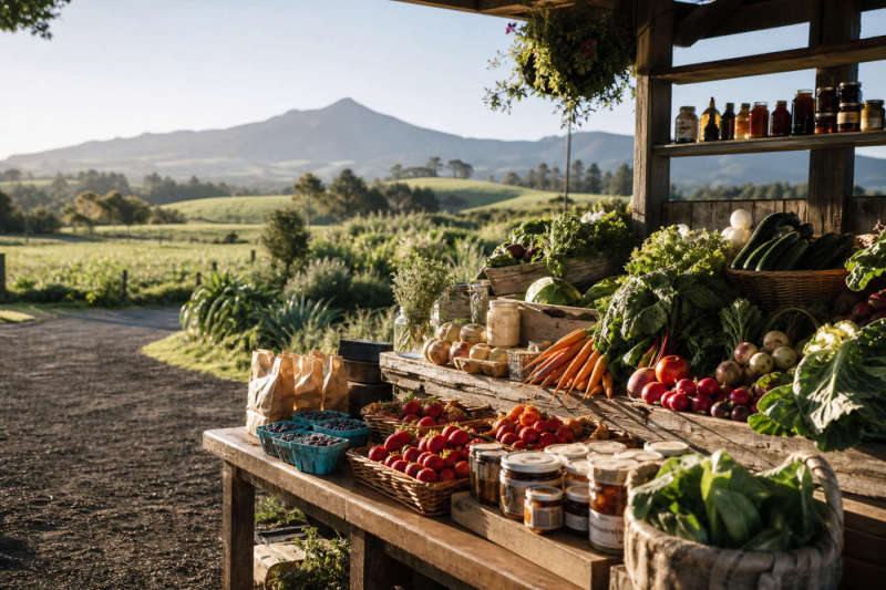 Auckland region farm-gate stall with vegetables and local pantry goods