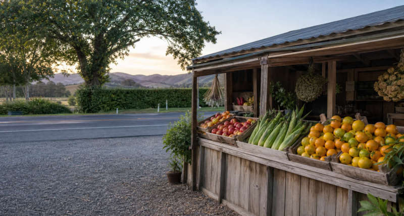 Gisborne roadside stall with citrus and seasonal produce