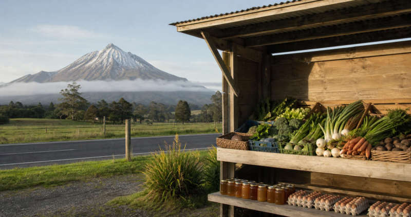 Taranaki roadside stall with vegetables, eggs and honey