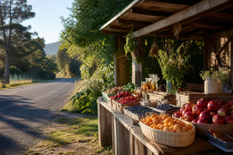 Nelson roadside stall with berries and orchard fruit