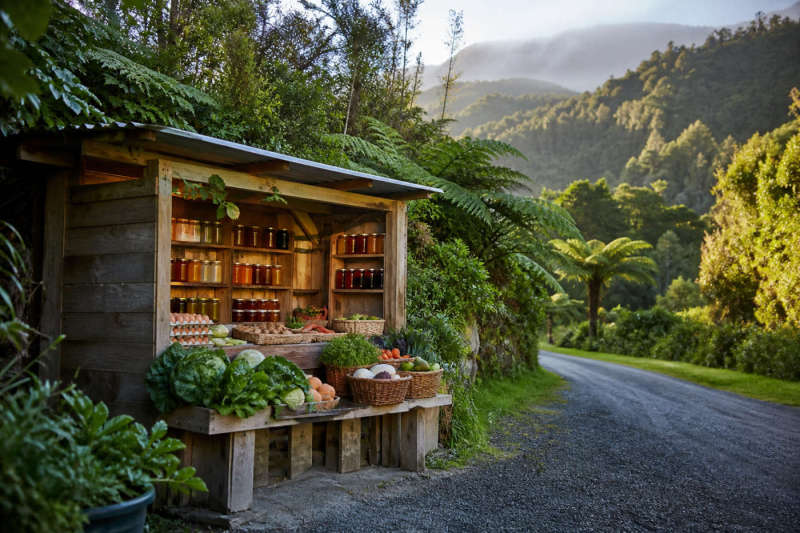 West Coast roadside stall with preserves and garden vegetables