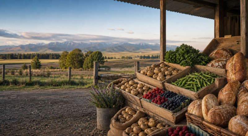 Canterbury farm-gate stall with potatoes, vegetables and bread