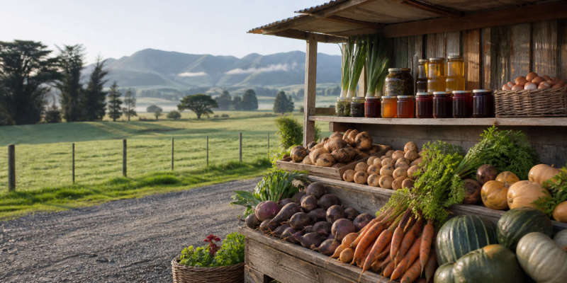 Southland country stall with root vegetables, honey and preserves