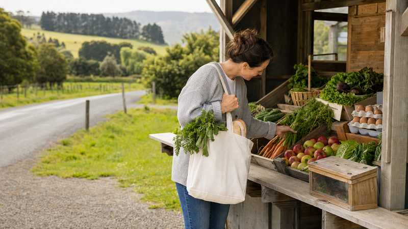 Shopper choosing fresh vegetables at a rural New Zealand roadside stall
