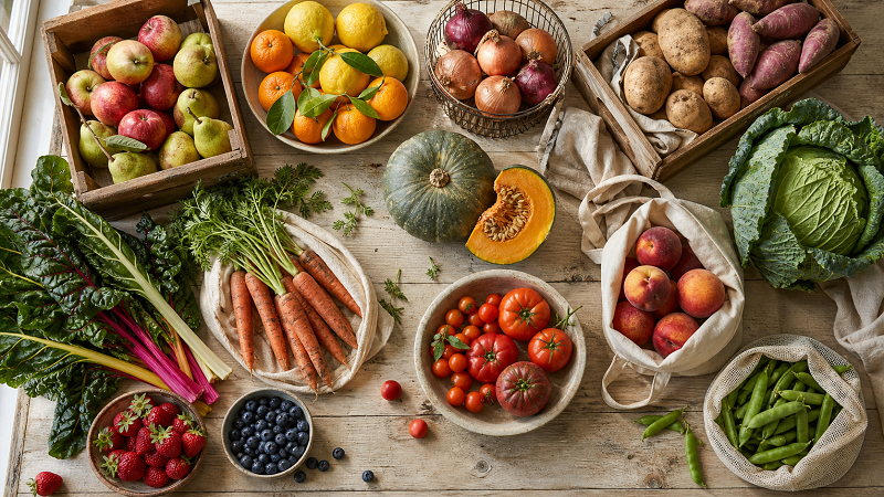 Seasonal New Zealand fruit and vegetables arranged for buying and storage