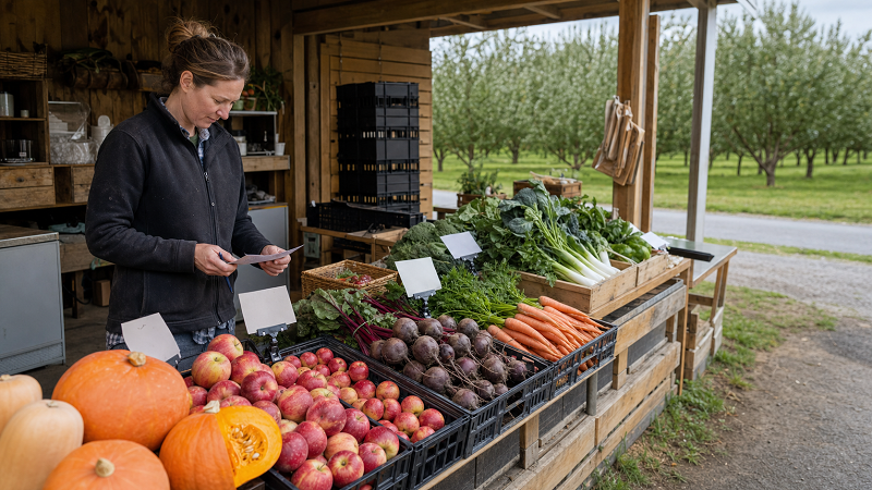 New Zealand produce stall owner reviewing stock beside a clear fresh produce display