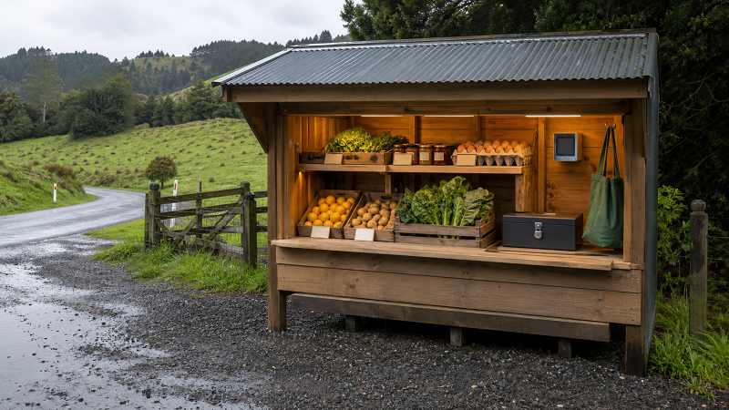 Weather-ready honesty-box produce stall beside a rural New Zealand road