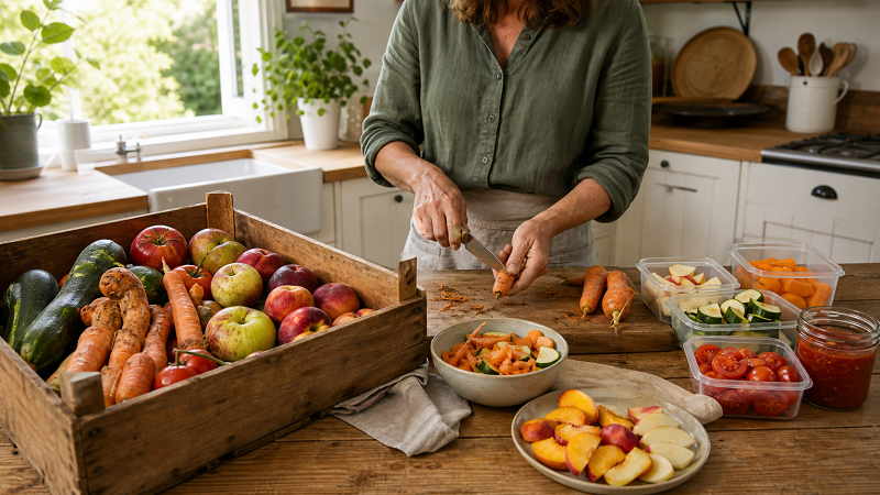 Cosmetically imperfect local produce being sorted into meals, freezer portions and preserves